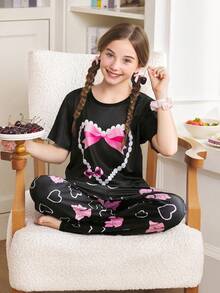 可爱珍珠心形蝴蝶结印花女童睡衣 - 黑色 - 查看 1