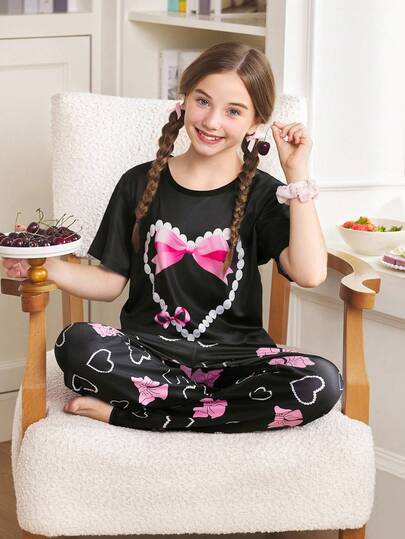 可爱珍珠心形蝴蝶结印花女童睡衣