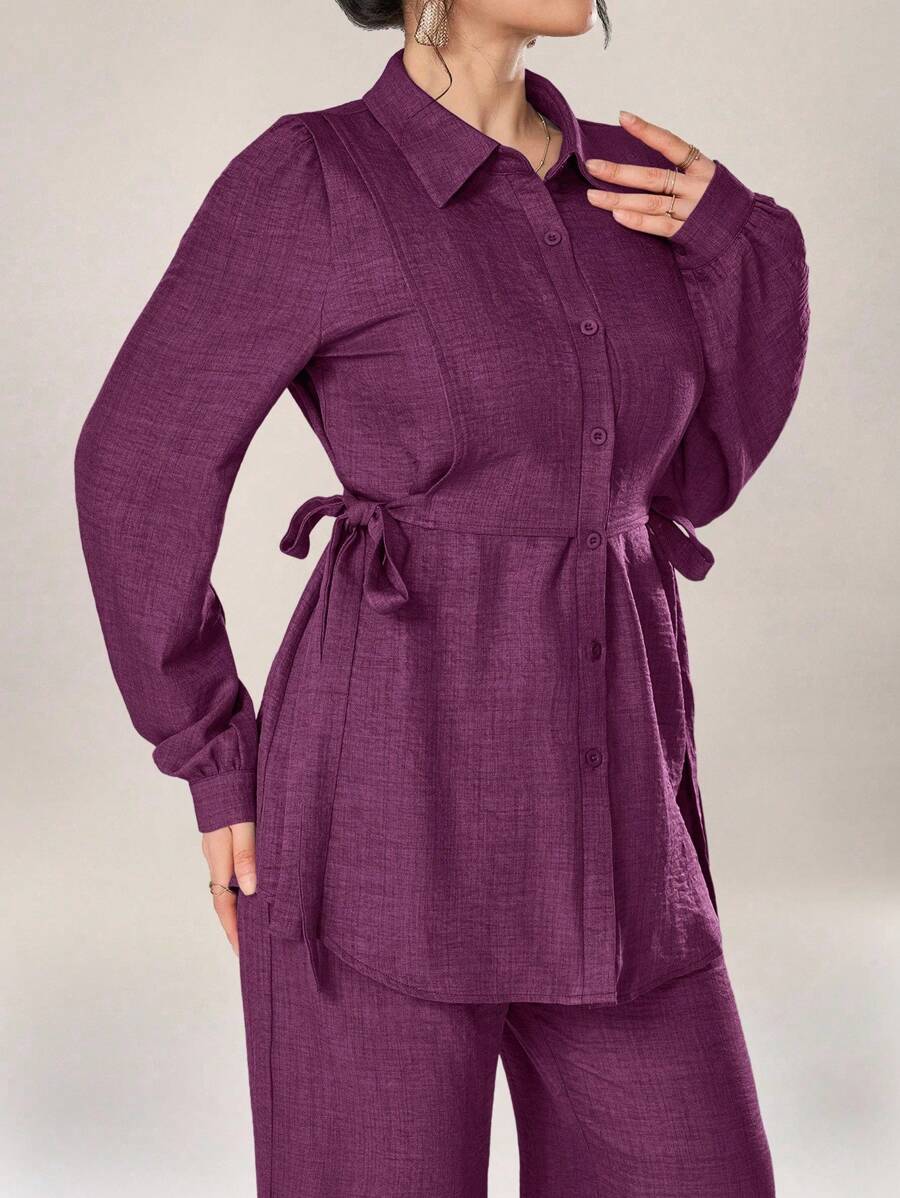 Mulvari Women 2pcs Set Front Button Long Sleeve Casual Blouse And Trousers 2 Pieces Set Modest Fall Cloth For Women - Hot Pink - View 1