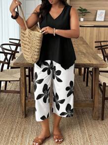Weeklong Set de 2 piezas de estilo casual de vacaciones sin mangas talla grande con parche floral