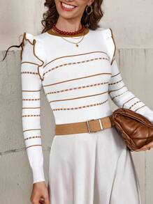 SHEIN Clasi Striped Pattern Ruffle Trim Sweater,Long Sleeve Tops In Fall/Winter - White - View 10