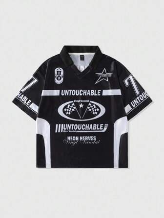 Prep Camisa polo casual de manga corta con estampado de letra y pentagrama para hombre, corte holgado