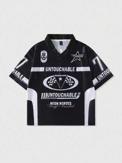 Prep Herren Buchstaben- & Pentagramm-Muster Kurzarm Lässig Sport Poloshirt, locker geschnitten