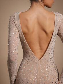 Hauture Sexy Summer Party Night Out Embellished Hot Fix Rhinestone Long Sleeve Deep Back Maxi Dress - Khaki - View 3