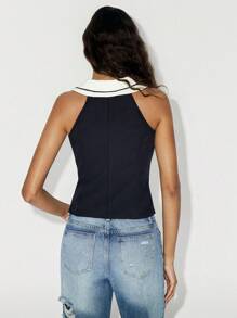 Lumivelle Women's Summer Contrast Trim V-Neck Sleeveless Tank Top Vest Jacket - Black and White - View 2