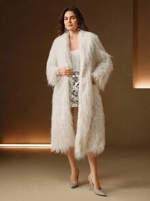 Anewsta 女式长翻领长袖口袋白色仿皮草宽松时尚休闲外套，秋冬 - 白色 - 查看 6