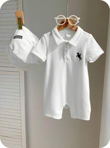 SHEIN Set de 2 piezas para bebé recién nacido niño/niña con trajecito de una pieza de manga corta con cuello y sombrero tipo sol con estampado retro de caballos, cómodo para interior, exterior, uso diario, deportes, juego, fiesta, sesión de fotos, vacaciones, primavera/verano