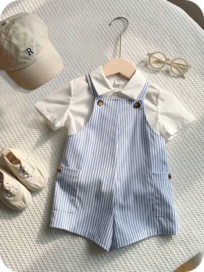 SHEIN Baby Boy Striped Pattern Romper, Versatile Cute Design Suitable For Spring/Summer Indoor, Outdoor, Daily Wear, Sports, Play, Party, Photo Shoot, Vacation, Holidays