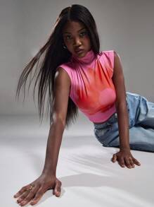 NYA SZN 短袖高领短款花朵细节休闲日常早午餐上衣 女士春夏上衣 - 玫紅色 - 查看 5