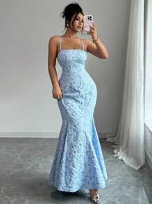 Selianne Elegant Fashion Sleeveless Cross Tie Blue Floral Textured Satin Halter Fishtail Women Wedding Guest Gown Party Dress Summer Dress
