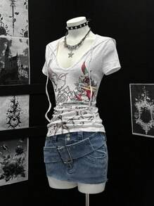 EgrlEra Áo thun hoodie tay ngắn in họa tiết hoa hồng cho nữ - Xám - Xem 4