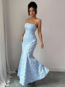 Selianne Elegant Fashion Sleeveless Cross Tie Blue Floral Textured Satin Halter Fishtail Women Wedding Guest Gown Party Dress Summer Dress