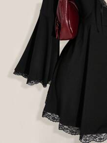 SHEIN ICON Váy len tay loe thêu ren cổ chữ V cỡ lớn, váy ngắn thắt nơ hở lưng cổ chữ V gợi cảm, Y2K, trang phục Halloween - màu đen - Xem 6