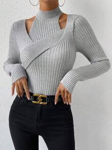 Chiquease 镂空环绕交叉罗纹针织毛衣、长袖上衣