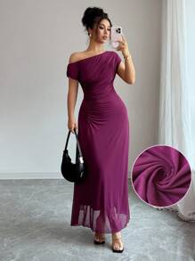Modelyn Women's Asymmetric Ruched French Elegant Mesh Shoulder Dress - Purple - View 2