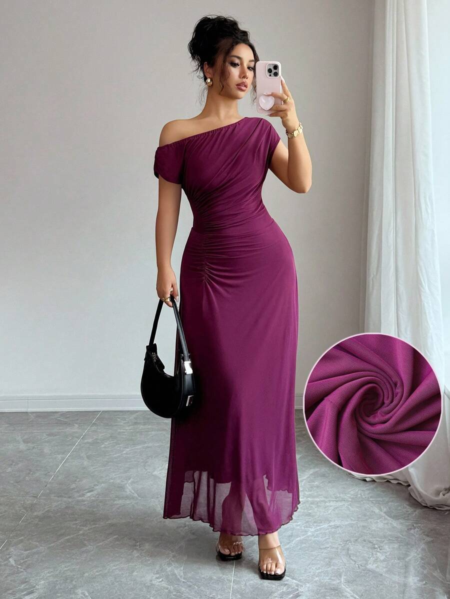 Modelyn Women's Asymmetric Ruched French Elegant Mesh Shoulder Dress