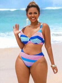 Swim Vcay Conjunto de 2 piezas de traje de baño de mujer talla grande con estampado de líneas geométricas aleatorias y sujetador con aros - Multicolor - Ver 6