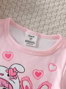 Young Girl Cute Rabbit Print Pink Pajamas Set,Summer Fairy Holiday Family Matching Sleepwear,Short Sleeve Top And Leggings Snug Fit Back To School - Pink - View 4