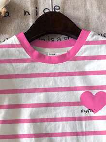 SHEIN 2pcs/Set Tween Girls' Casual Minimalist Pink Striped Heart Pattern Short Sleeve T-Shirt And Shorts, Back To School, Preppy Style, Suitable For Summer - Multicolor - View 4