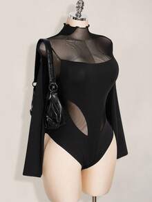 SHEIN ICON 加大码 Y2K 长袖网眼拼接紧身衣，万圣节性感网眼紧身衣，万圣节服装，秋季