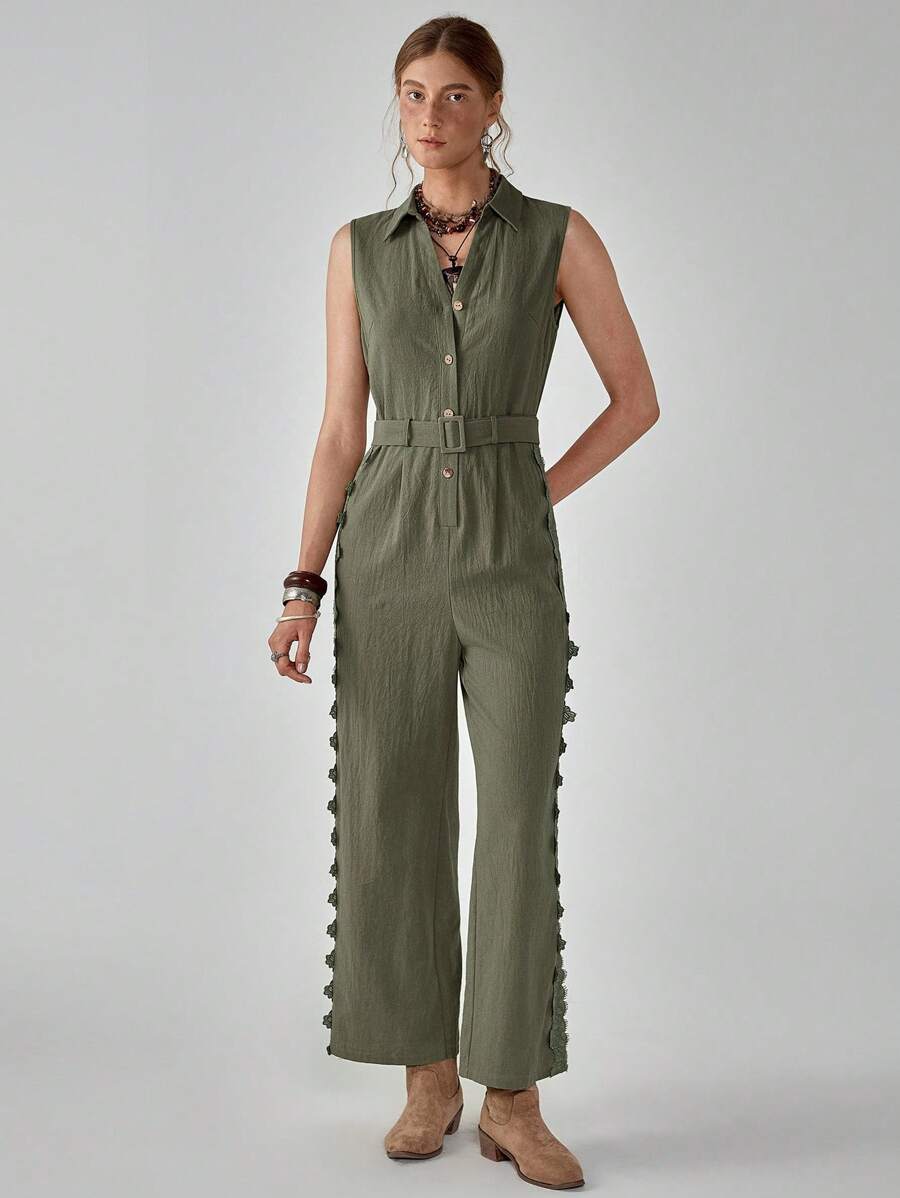 Florisole Jumpsuit Kasual Gaya Boho Warna Polos dengan Patchwork Renda Berongga Tanpa Lengan Kerah Lipat Pinggang Tinggi Kaki Lebar - Hijau - View 1