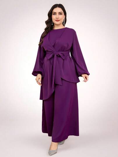 Veilorie 大码女式阿拉伯风格灯笼袖不对称下摆上衣和阔腿裤套装