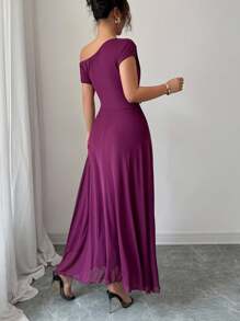 Modelyn Women's Asymmetric Ruched French Elegant Mesh Shoulder Dress - Purple - View 3