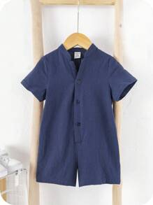 SHEIN 可爱卡通立领短袖连体衣，适合幼儿男孩/女孩，春夏季 - 藏蓝色 - 查看 8
