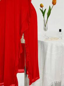 SHEIN ICON 加大码方领荷叶边修身连衣裙，适合婚礼、派对、婚礼宾客、浪漫春季装扮 - 紅色 - 查看 4