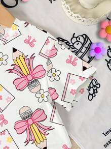 SHEIN Vintaside Kids 女童幼儿铅笔、蝴蝶结、花卉印花圆领短袖 T 恤和粉色针织紧身短裤可爱两件套，夏季返校 - 彩色 - 查看 3