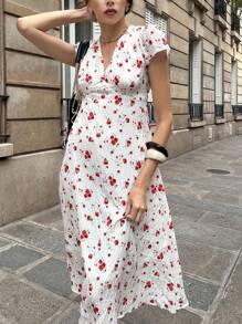 Chiquease Rose Floral V-Neck Short Sleeve High Waist A-Line Dress Summer Dress Clothes For University - White - View 4