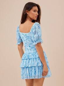 WESTFADE Floral Print Mesh V Neck Bow Tie Front Short Puff Sleeve Drop Waist Tiered Ruffle Mini Dress Country Concert Outfit, Fall, Autumn, Winter, Western Wear, Boho, Vacation