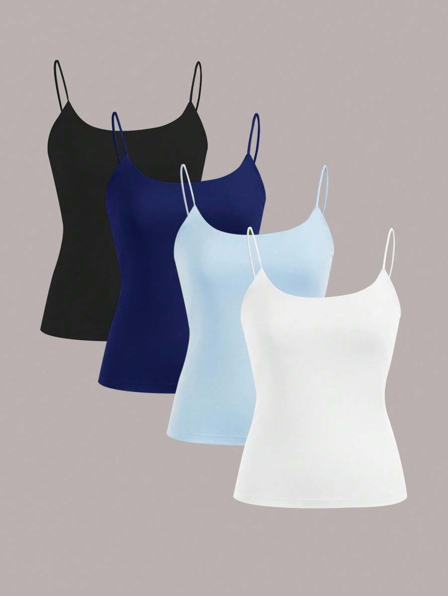 SHEIN EZwear 4pcs Casual Solid Color Black, Navy, Sky Blue, White Basic Camisole Tops, Suitable For Spring/Summer - Multicolor - View 1