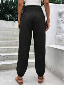 SHEIN LUNE Pantalones joggers de talle alto con cordón para mujer, de unicolor - Negro - Ver 2