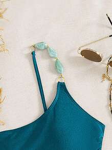 Swim Chiccia 女士夏季海滩音乐节单肩闪亮尼龙棕色串珠优雅度假风格连体衣 - 綠色 - 查看 5