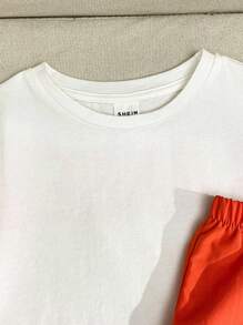 SHEIN 2pcs Baby Boy/Girl Letter Pattern Knit Soft Round Neck Raglan Short Sleeve Top And Casual Pants Set, Suitable For Spring/Summer Wear Baby Boy Orange Outfit Boy Summer Set Boys Orange Pants