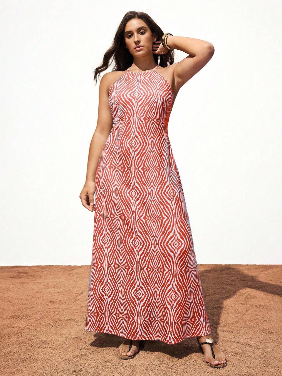 SHEIN Maija Plus Size Women's White Allover Print Criss-Cross Backless Spaghetti Strap Dress,Summer Boho Beach Holiday Vacation Bohemian Elegant Maxi Dress