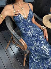 SHEIN Unity Paisley Print V-Neck Backless Tie-Up Button Designed Maxi Slip Dress - Navy Blue - View 4