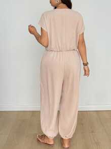 EMERY ROSE 大码女式休闲纯色短袖连体裤 - 杏色 - 查看 2