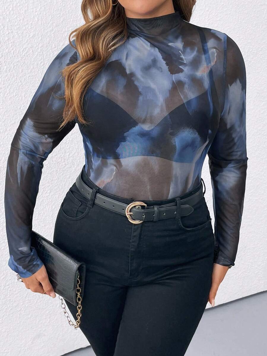 SHEIN LUNE Plus Size Women Abstract Mesh Sheer Blouse - Multicolor - View 1