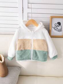 SHEIN 男宝宝/女宝宝休闲可爱撞色蓬松连帽长袖夹克，秋冬 - 彩色 - 查看 15