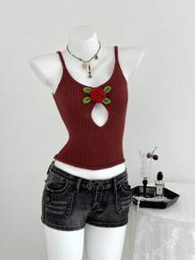 Elamini Women's Solid Color Applique Hollow Out Fitted Fashionable Camisole Sweater Knit Pullover Fall Winter