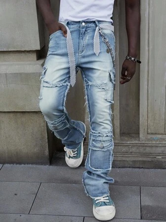 Street Life Jeans casuales lavados con volantes para hombres