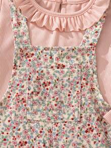 Souflis Souflis 2 件套幼儿女童复古花卉灯芯绒吊带裤 + 提花针织长袖 T 恤套装，适合日常穿着、家庭聚会的休闲装 - 珊瑚粉 - 查看 7