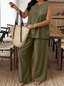 EMERY ROSE Plus Size Women's Summer Casual Minimalist Vacation Style Solid Color Notch Neck Loose Sleeveless Top And Wide Leg Pants 2 Pieces Set - Green - View 3