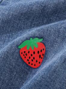 Tween Girl Dark Wash Blue Distressed Strawberry Print Wide Leg Jeans Strawberry Jeans ,Y2K Style Summer Holiday Fall Winter - Medium Wash - View 6