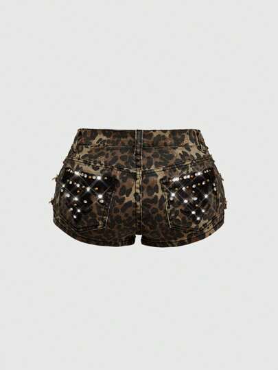 J-Fashion Y2K Gyaru Spitze Patchwork Taillentief Vintage Leopardenmuster Skinny Superstiefhüftige Damen Denim Shorts