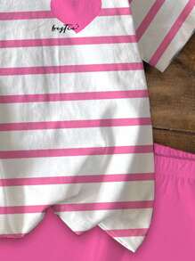 SHEIN 2pcs/Set Tween Girls' Casual Minimalist Pink Striped Heart Pattern Short Sleeve T-Shirt And Shorts, Back To School, Preppy Style, Suitable For Summer - Multicolor - View 5