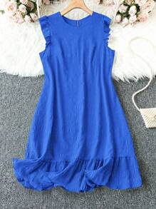 DreamSkyne Plus Size Women's Solid Color Round Neck Cap Sleeve Casual Dress - Blue - View 1