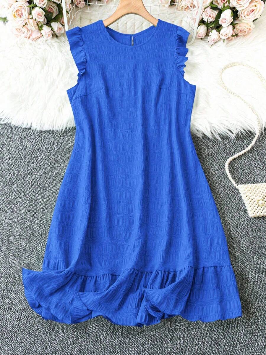 DreamSkyne Plus Size Women's Solid Color Round Neck Cap Sleeve Casual Dress - Blue - View 1